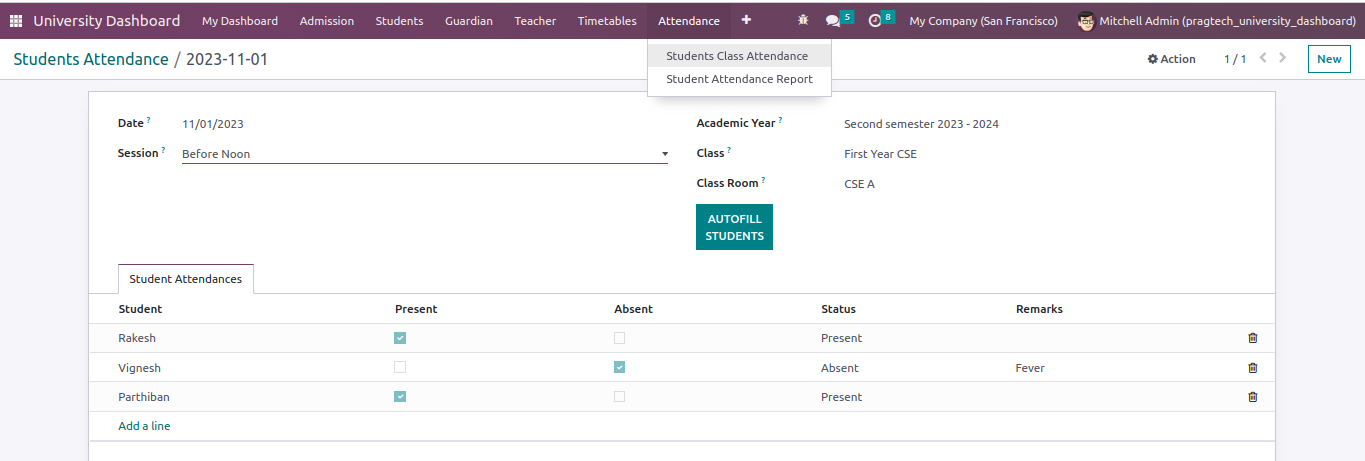 screenshot of odoo university management sofiware